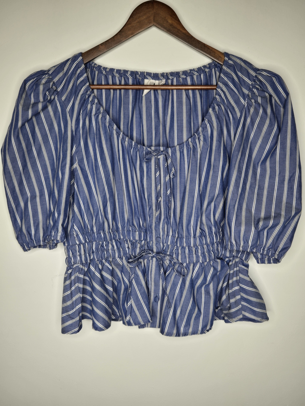 Joie Blue and White Vertical Striped Puff Sleeve Peplum Boho Cotton Blouse M